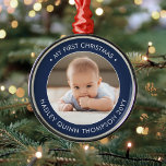 Ornement En Métal My First Christmas Modern Baby Photo Navy & White<br><div class="desc">Celebrate the simple joys of your newest family member with a navy blue and white custom photo new baby boy round metal ornament. Wording and picture on this template are simple to personalize. "My First Christmas" quote is easy to change in case it's needed for another occasion. (IMAGE & TEXT...</div>