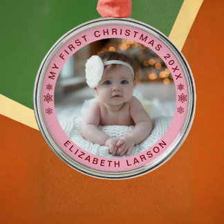 Ornement En Métal My First Christmas Personalized Baby Photo Red
