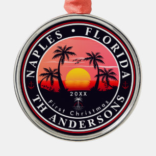 Ornement En Métal Naples Florida Beach Retro Sunset Palm Tree 80s