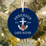 Ornement En Métal Nautical Lake House Anchor Winter Floral Blue<br><div class="desc">Nautical Lake House Family Name Navy Blue Metal Ornament. Anchor topped with Watercolor Floral including red poinsettias,  pine cones and other beautiful winter greenery.</div>