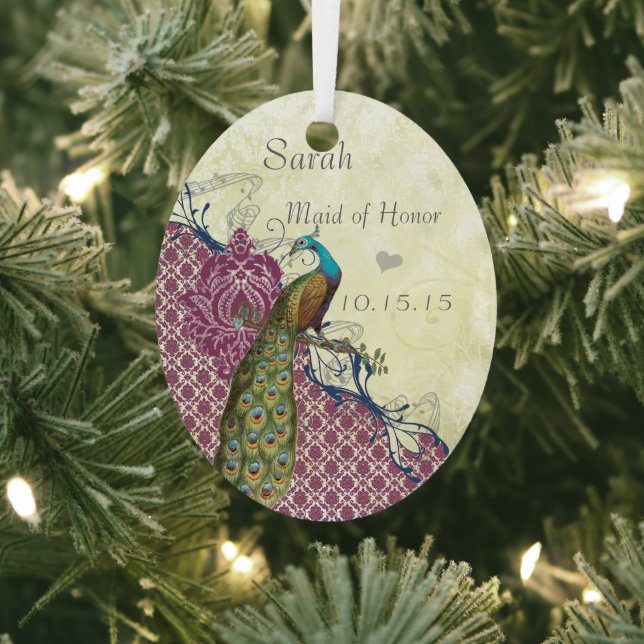 Ornement En Métal Navy & Berry Berry Elegant Damask Peacock Mariage (Insitu)