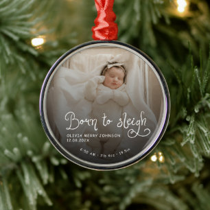 Ornement En Métal Né pour dévaler bébé photo naissance stats Noël