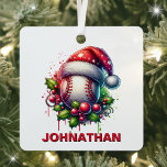 Ornement En Métal Noël Baseball Nom personnalisé avec Santa Hat<br><div class="desc">Frappez un home-run avec votre décor de vacances avec cet ornement de baseball festif! Doté d'un baseball classique portant un chapeau de Père Noël et entouré de feuilles saints et de baies rouges, cet ornement est parfait pour tous les fans de baseball qui veulent apporter leur amour du jeu à...</div>