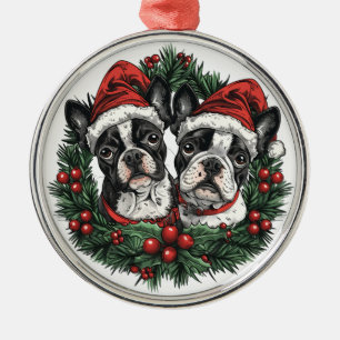 Ornement En Métal Noël Boston Terrier Chiens de vacances Wreath