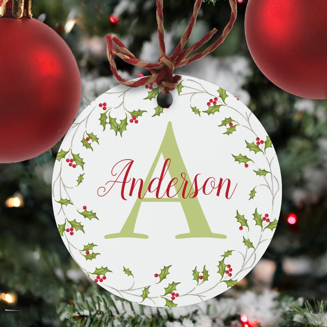 Ornement En Métal Noël Classic Holiday Red Holly Monogramme (Simple Christmas holiday greenery holly berries monogram metal ornament)