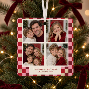 Ornement En Métal Noël de famille à carreaux roses pour 4 photos