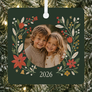 Ornement En Métal Noël Photo de Famille Floral Personnalisé