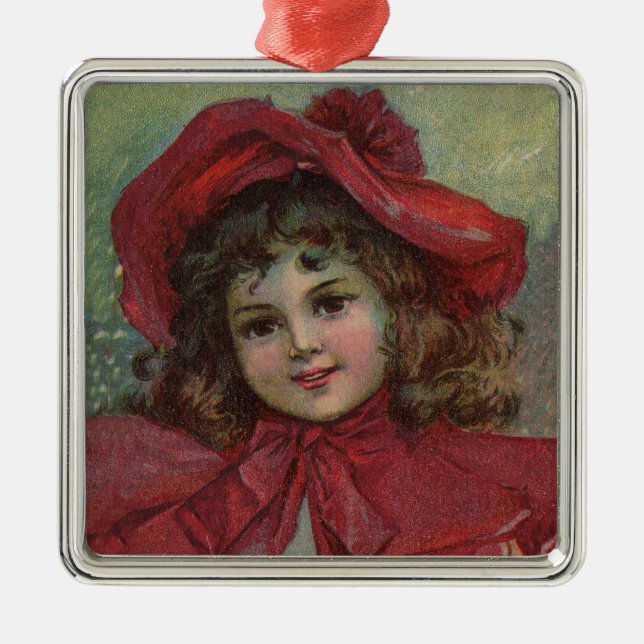 Ornement En Métal Noël Victorien Enfant Rouge Casquette Portrait Fil (Devant)