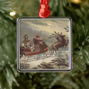 Ornement En Métal Noël vintage, Père Noël victorien à Sleigh
