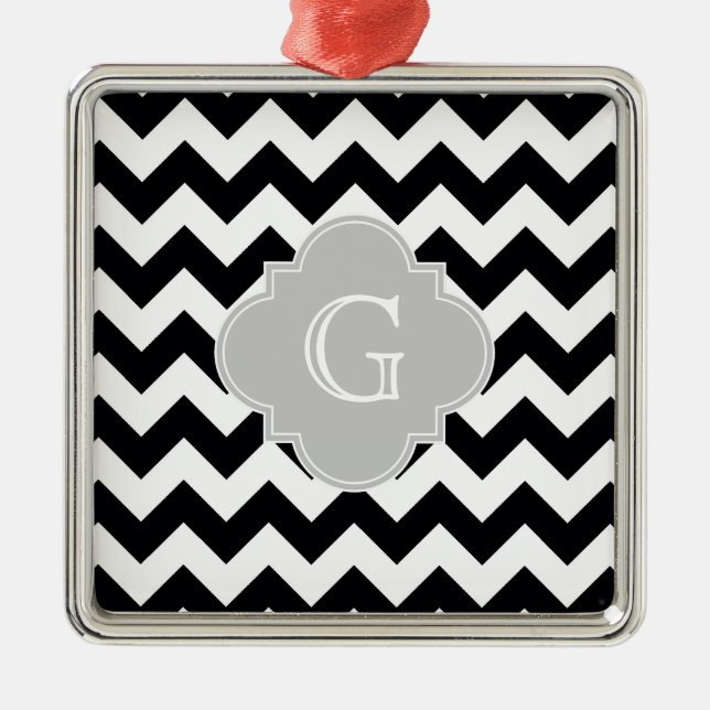 Ornement En Métal Noir blanc Chevron gris Quatrefoil Monogramme (Devant)