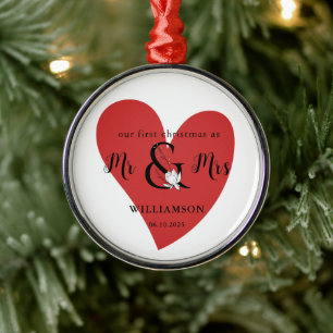 Ornement En Métal Noir & blanc Mr & Mrs 1st Christmas Red Heart