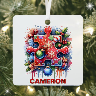 Ornement En Métal Nom personnalisé du passionné du puzzle de Noël