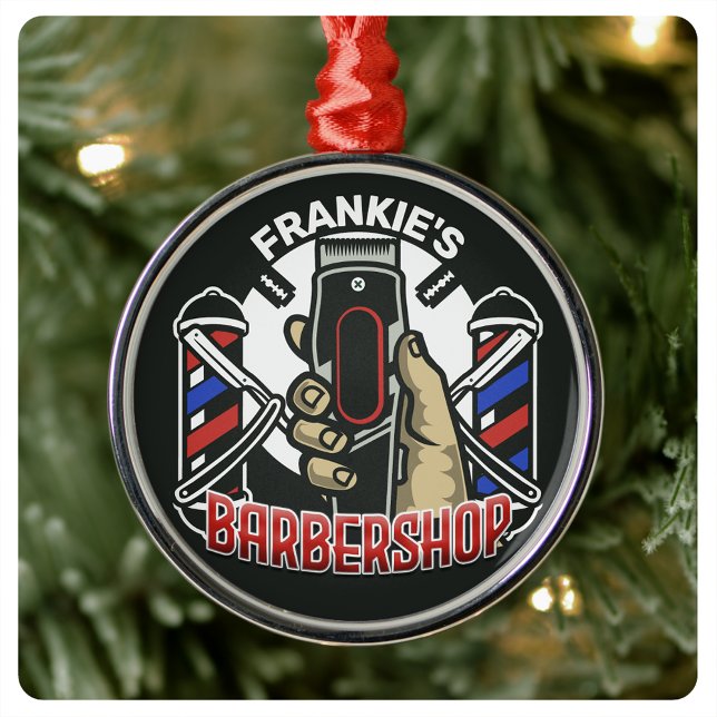 Ornement En Métal Nom personnalisé Retro Barber Shop Pole Barbier (Créateur téléchargé)
