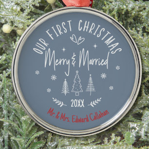 Ornement En Métal "Notre 1er Noël Mariés" Nom Citation Blanche
