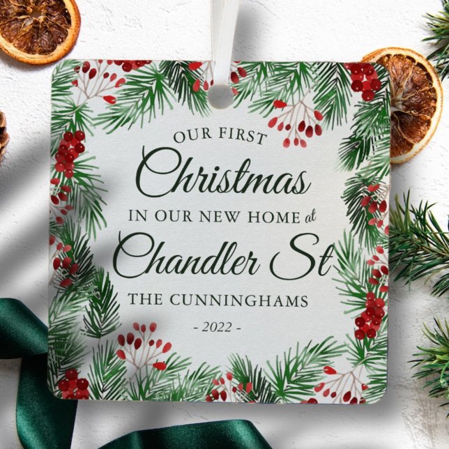 Ornement En Métal Notre premier Noël dans notre nouvelle aquarelle (Créateur téléchargé)