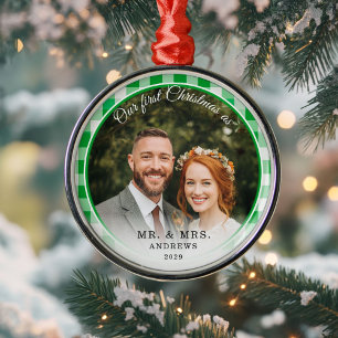 Ornement En Métal Notre premier Noël - Mr & Mrs Photo Green En vichy