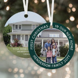 Ornement En Métal Nouveau domicile Adresse 1er Noël 2 Photo Vert<br><div class="desc">Célébrez la joie de votre nouvel endroit avec une photo personnalisée deux "Premier Noël dans notre nouvelle maison" ornement en métal rond vert et blanc. Toutes les photos et le libellé de ce modèle sont simples à personnaliser. (CONSEIL DE CONCEPTION IMAGE & TEXTE : 1) Pour ajuster la position du...</div>