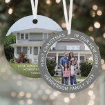 Ornement En Métal Nouveau domicile Adresse 1Noël Simple 2 Photo Grey<br><div class="desc">Célébrez la joie de votre nouvel endroit avec une photo personnalisée deux "Premier Noël dans notre nouvelle maison" gris et blanc ornement de métal rond. Toutes les photos et le libellé de ce modèle sont simples à personnaliser. (CONSEIL DE CONCEPTION IMAGE & TEXTE : 1) Pour ajuster la position du...</div>
