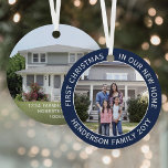 Ornement En Métal Nouvelle adresse 1er Noël 2 Photo Marine Bleue<br><div class="desc">Célébrez la joie de votre nouvel endroit avec une photo personnalisée deux "Premier Noël dans notre nouvelle maison" ornement bleu marine et blanc rond métal. Toutes les photos et le libellé de ce modèle sont simples à personnaliser. (CONSEIL DE CONCEPTION IMAGE & TEXTE : 1) Pour ajuster la position du...</div>