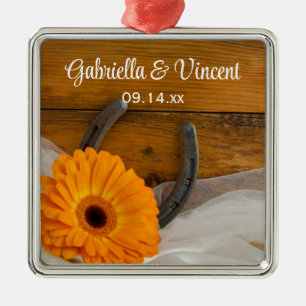 Ornement En Métal Orange Daisy et Horseshoe Country Western Mariage