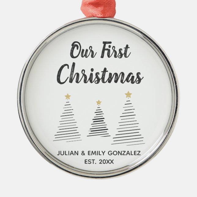 Ornement En Métal Our First Christmas Black and White Elegant Trees (Devant)