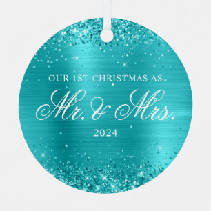Ornement En Métal Paillettes Turquoise Bleu Feuille Notre 1er Noël