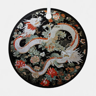 Ornement En Métal Paire de dragons blancs asiatiques