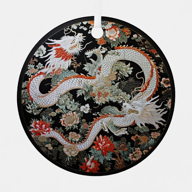 Ornement En Métal Paire de dragons blancs asiatiques (Recto)