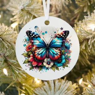 Ornement En Métal Papillon bleu et fleurs Noël personnalisé