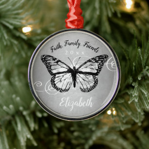 Ornement En Métal Papillon de Noël Faux Noir Monogramme Argent