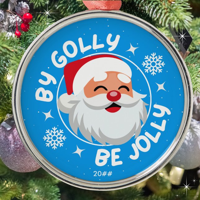 Ornement En Métal Par Golly Be Jolly Cute Bright Blue Père Noël (Available in three background colors. Personalize with the year or leave blank. Merry Christmas!)