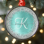 Ornement En Métal Parties scintillant argentée turquoise en métal br<br><div class="desc">Personnalisez facilement ce flocon de neige chic et branché design ornemental de Noël encadré avec une jolie parties scintillant brillante argentée sur un arrière - plan métallique brossé turquoise.</div>