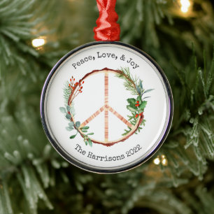 Ornement En Métal Peace Sign Jove Love Rustic Botanical Christmas