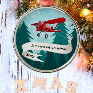 Ornement En Métal Personnalisé, Avion Rouge & Père Noël, Premier Noë