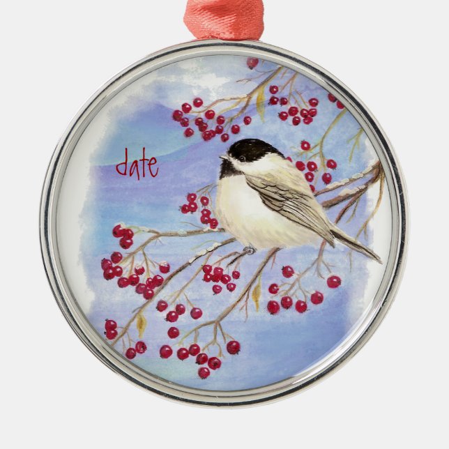 Ornement En Métal Personnalisé Date de Noël Chickadee Bird & Berries (Devant)
