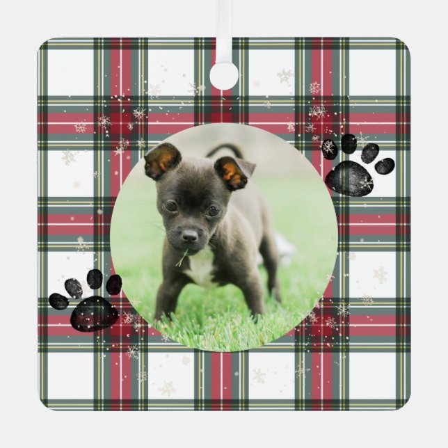 Ornement En Métal Pet Memorial Photo Rouge Plaid Personnalisé (Recto)