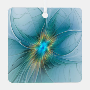 Ornement En Métal Petite Beauté Moderne Fleur d'Art Fractal Bleu Or
