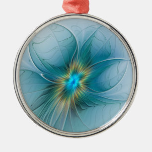 Ornement En Métal Petite Beauté Moderne Fleur d'Art Fractal Bleu Or