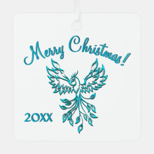 Ornement En Métal Phoenix bleu se lève sur blanc Joyeux Noël Année