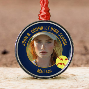Ornement En Métal Photo de joueur de softball Navy Blue Gold pour No