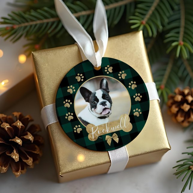 Ornement En Métal Photo de la famille des Bow Gold Plaid Motif Buffa (Green Buffalo Plaid Pattern Gold Bow Family Photo Metal Ornament)