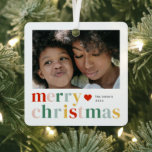 Ornement En Métal Photo de Noël colorée moderne<br><div class="desc">Joyeux Noël coloré moderne Photo Ornement en métal. Cliquez sur le bouton Modifier/Personnaliser pour customiser cette conception avec vos photos et texte.</div>