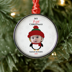 Ornement En Métal Photo du premier Noël de bébé, costume de pingouin