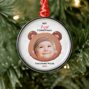 Ornement En Métal Photo du premier Noël de bébé, visage de nounours
