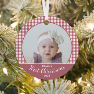Ornement En Métal Photo personnalisée Baby Girl's First Christmas Ro