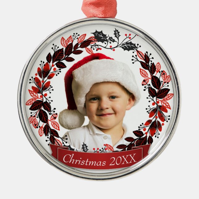 Ornement En Métal Photo rouge et noire moderne de guirlande de Noël (Devant)