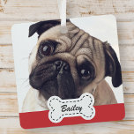 Ornement En Métal Photos d'animaux de compagnie sur Cute Dog Bone Aj<br><div class="desc">Ajoutez le nom de l'animal dans une typographie de script ludique sur une simple plaque de nom d'os de chien. Ajoutez une photo d'animal de compagnie personnalisée.</div>