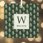 Ornement En Métal Pins rustiques Monogramme photo de Noël<br><div class="desc">Des ornements de Noël personnalisés avec un style rustique dessiné à la main dans la forêt de pins verts et beiges design avec nom de famille et photo personnalisée.</div>
