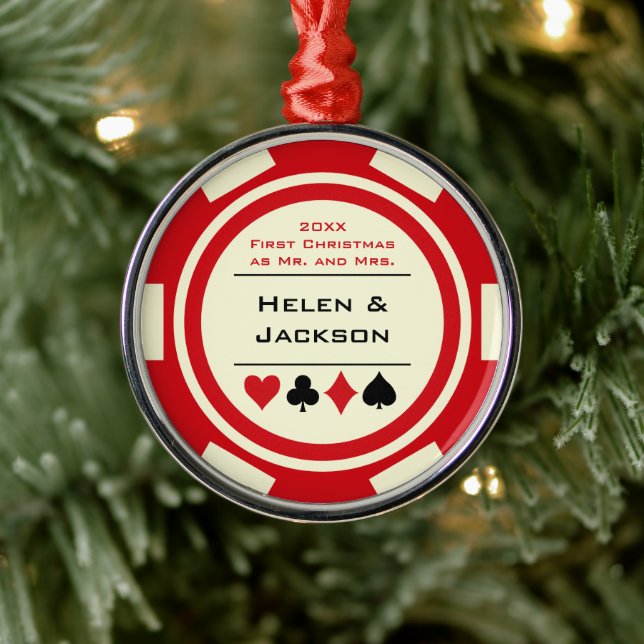Ornement En Métal Poker Chip Premier Noël Mr & Mrs Red Ivory (Arbre)