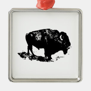 Ornement En Métal Pop Art Black White Buffalo Bison Silhouette